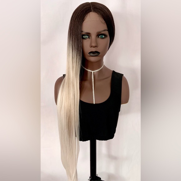 Long Gorgeous 36” Ombre Mocha Platinum Premium Fiber Lace Front Wig - Picture 6 of 8